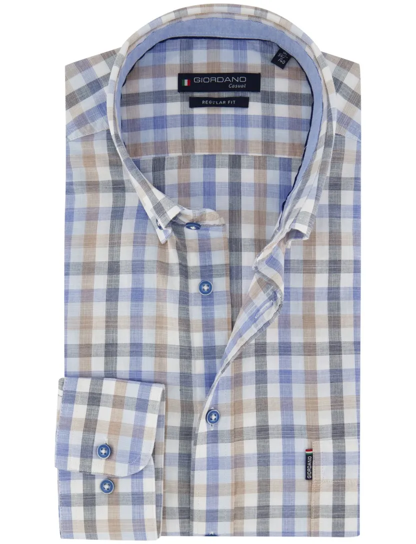 Blauw beige geruit katoenen Giordano Regular Fit overhemd