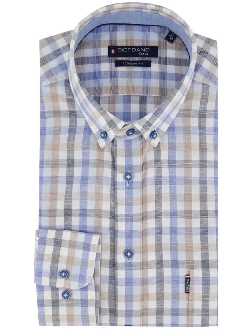 Overhemd Giordano Regular Fit blauw beige geruit katoen