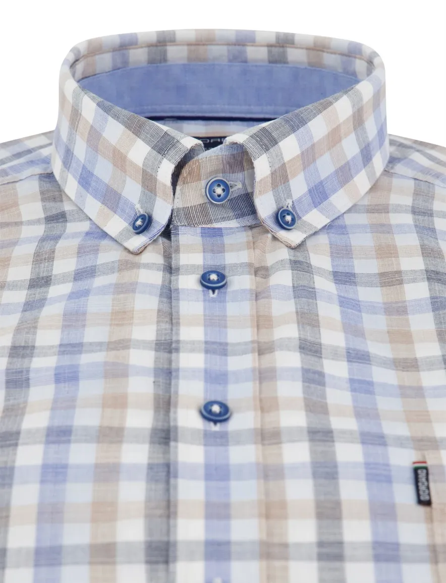 Giordano Regular Fit overhemd blauw beige geruit katoen