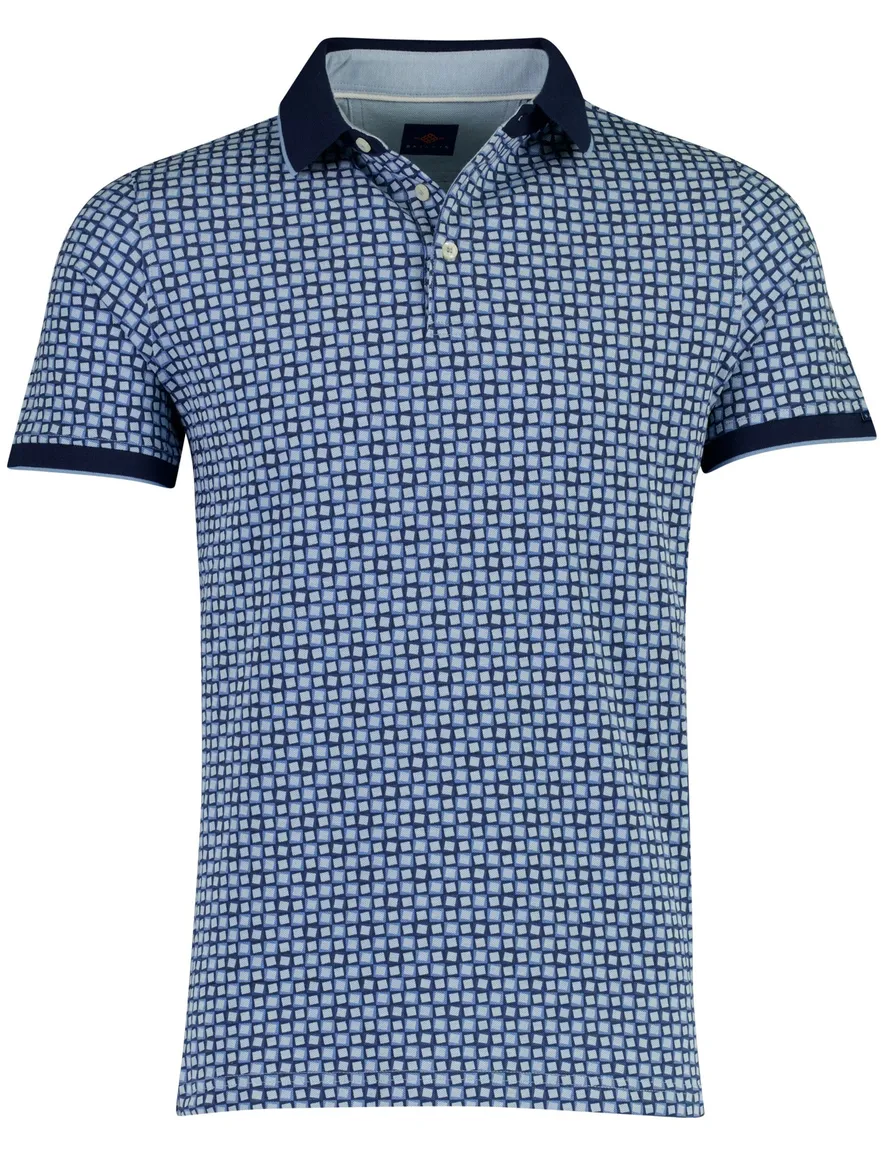 Donkerblauw poloshirt Baileys beige vierkant print grafisch