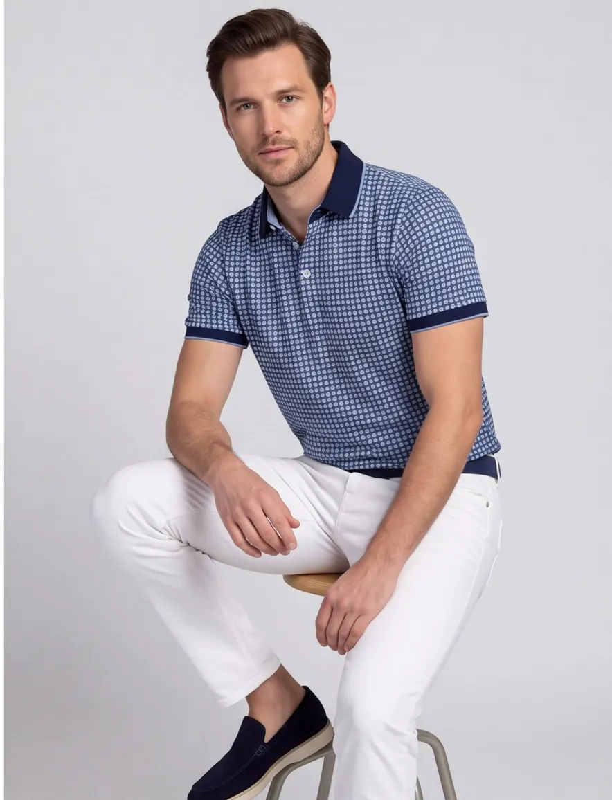 Donkerblauw poloshirt Baileys beige vierkant print grafisch
