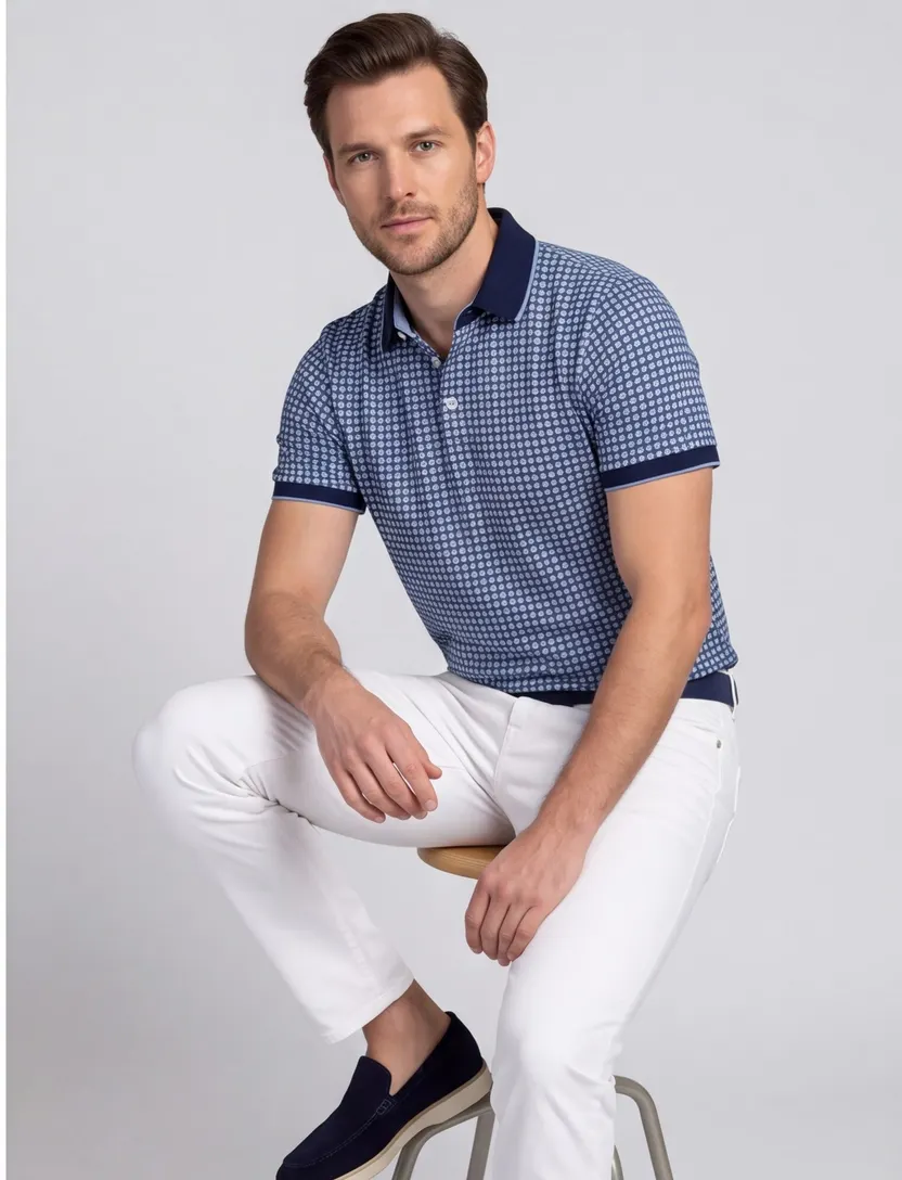 Poloshirt Baileys donkerblauw beige grafisch vierkant print