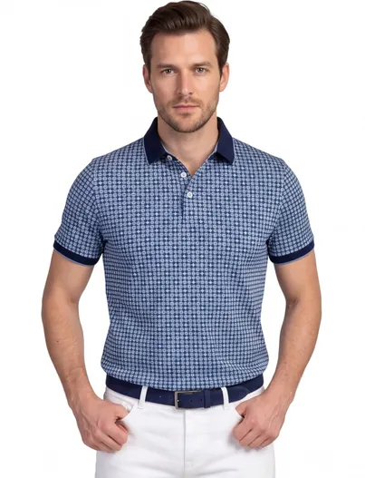 Baileys Donkerblauw poloshirt Baileys beige vierkant print grafisch