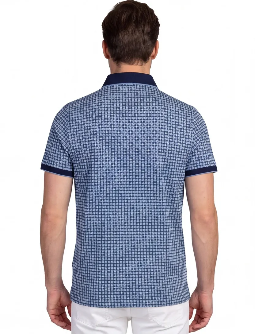 Poloshirt Baileys donkerblauw beige grafisch vierkant print
