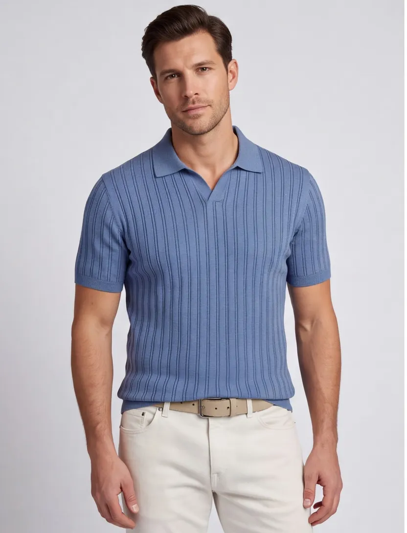 Polo Baileys v-hals blauw korte mouw gestreept
