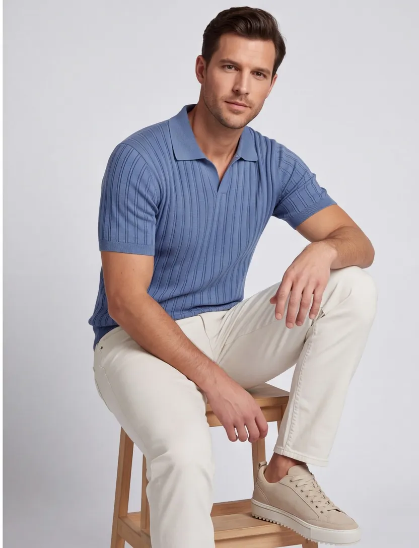 Polo Baileys v-hals blauw korte mouw gestreept