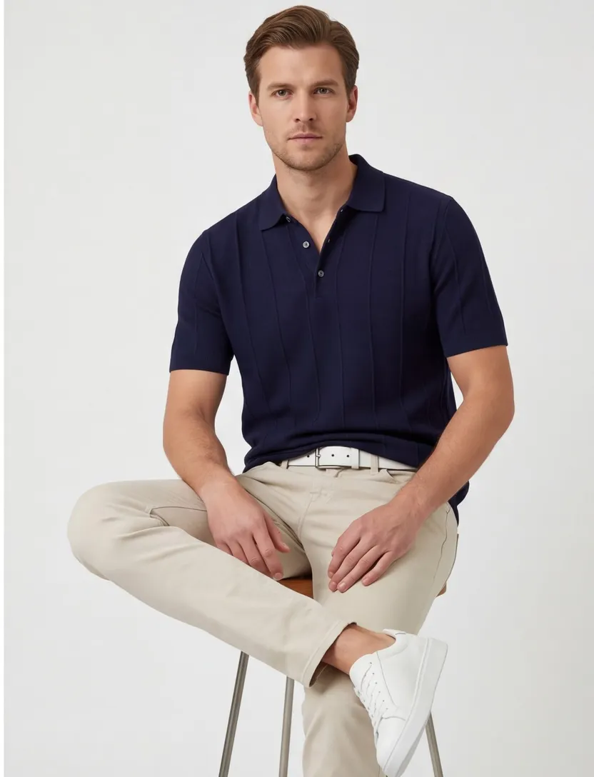 Poloshirt Baileys donkerblauw normale fit 3 knoops gebreid