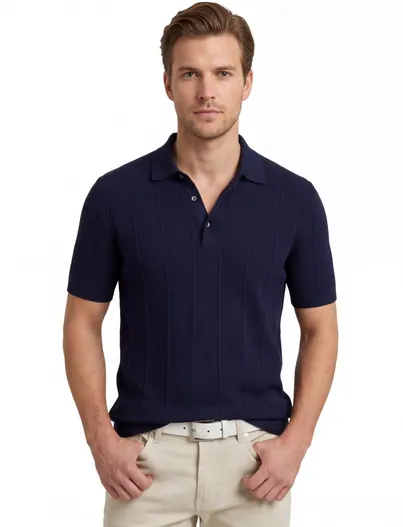 Baileys Poloshirt Baileys donkerblauw normale fit 3 knoops gebreid
