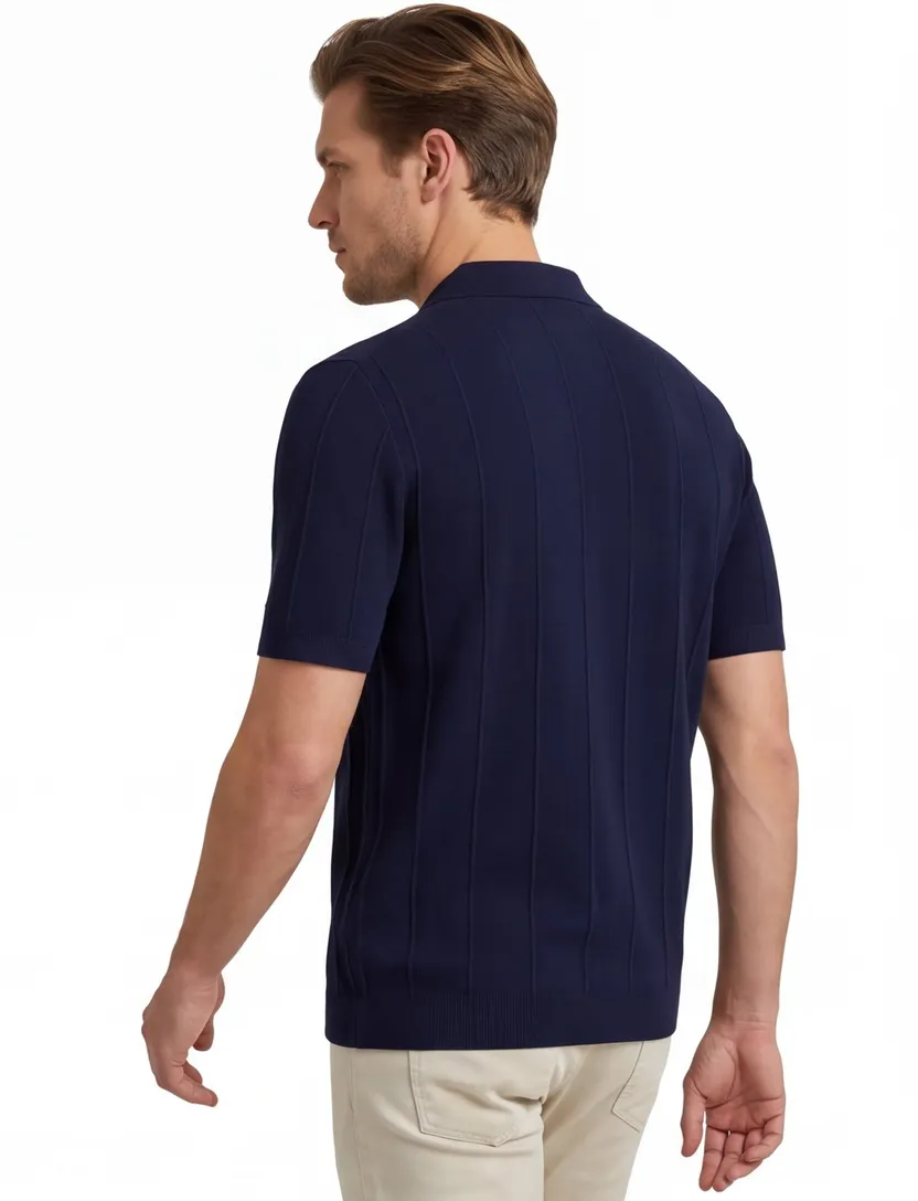 Poloshirt Baileys donkerblauw normale fit 3 knoops gebreid