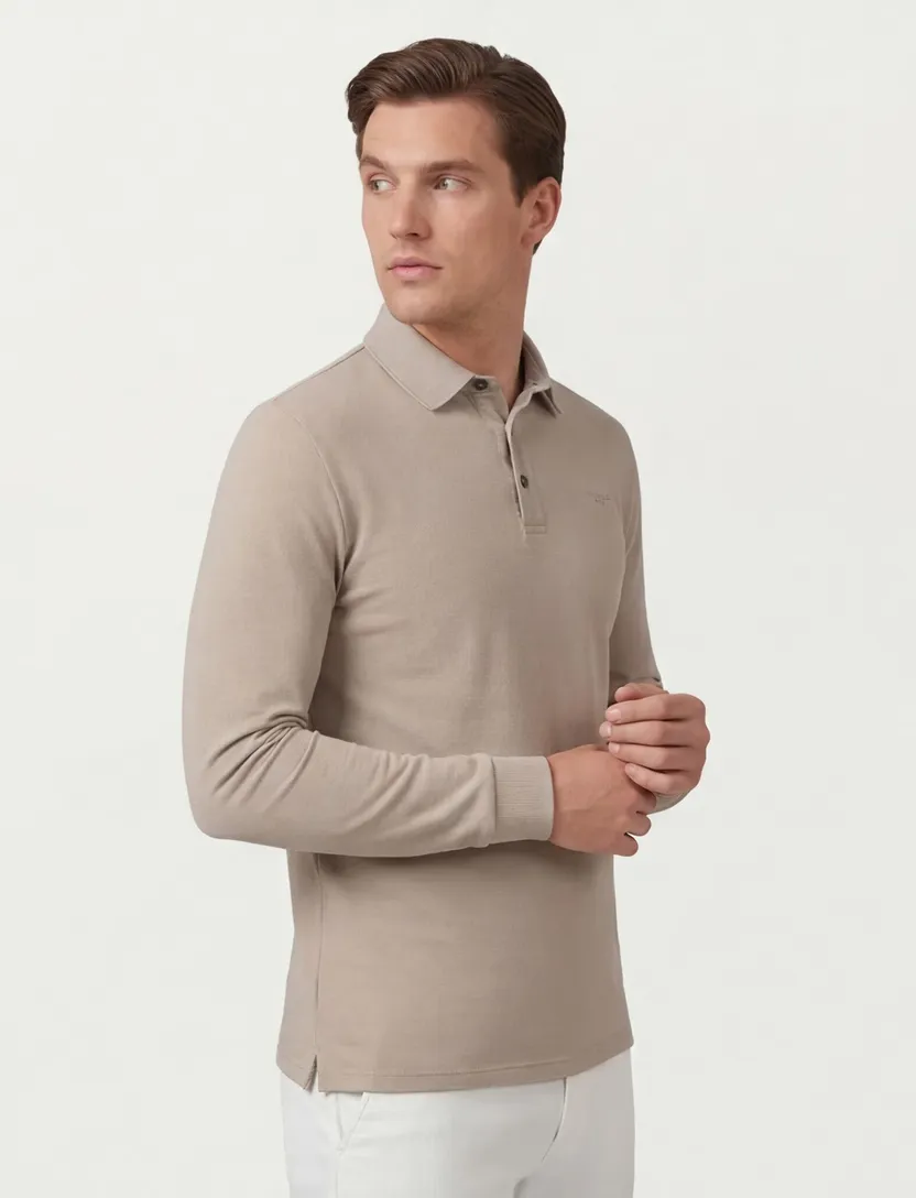 Polo lange mouw Cavallaro Napoli beige regular fit