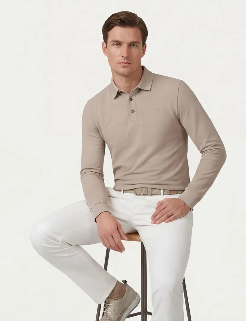 Polo lange mouw Cavallaro Napoli beige regular fit