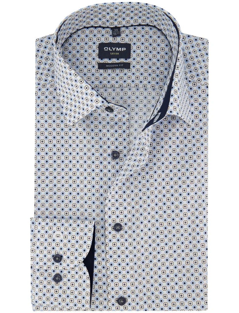 Modern Fit OLYMP wit overhemd beige blauw patroon