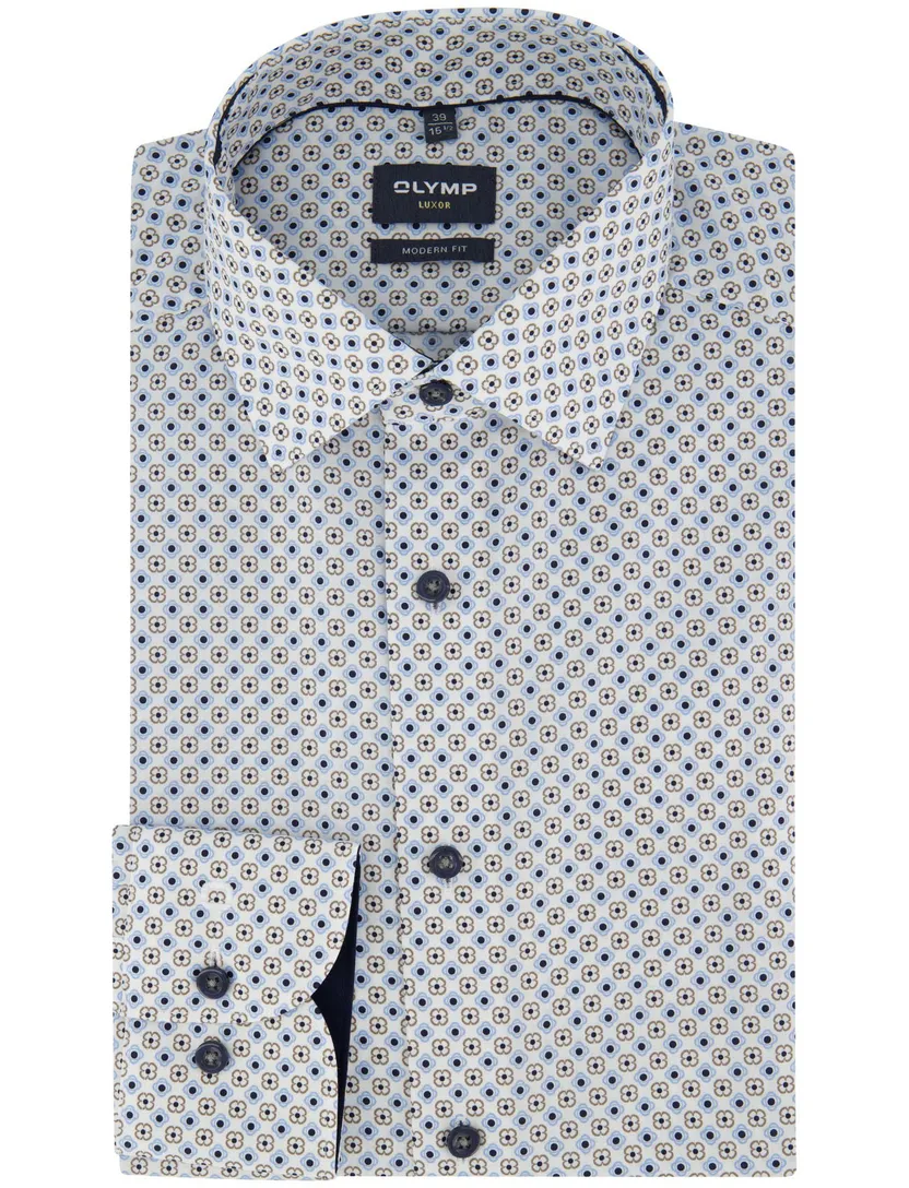 Modern Fit OLYMP wit overhemd beige blauw patroon