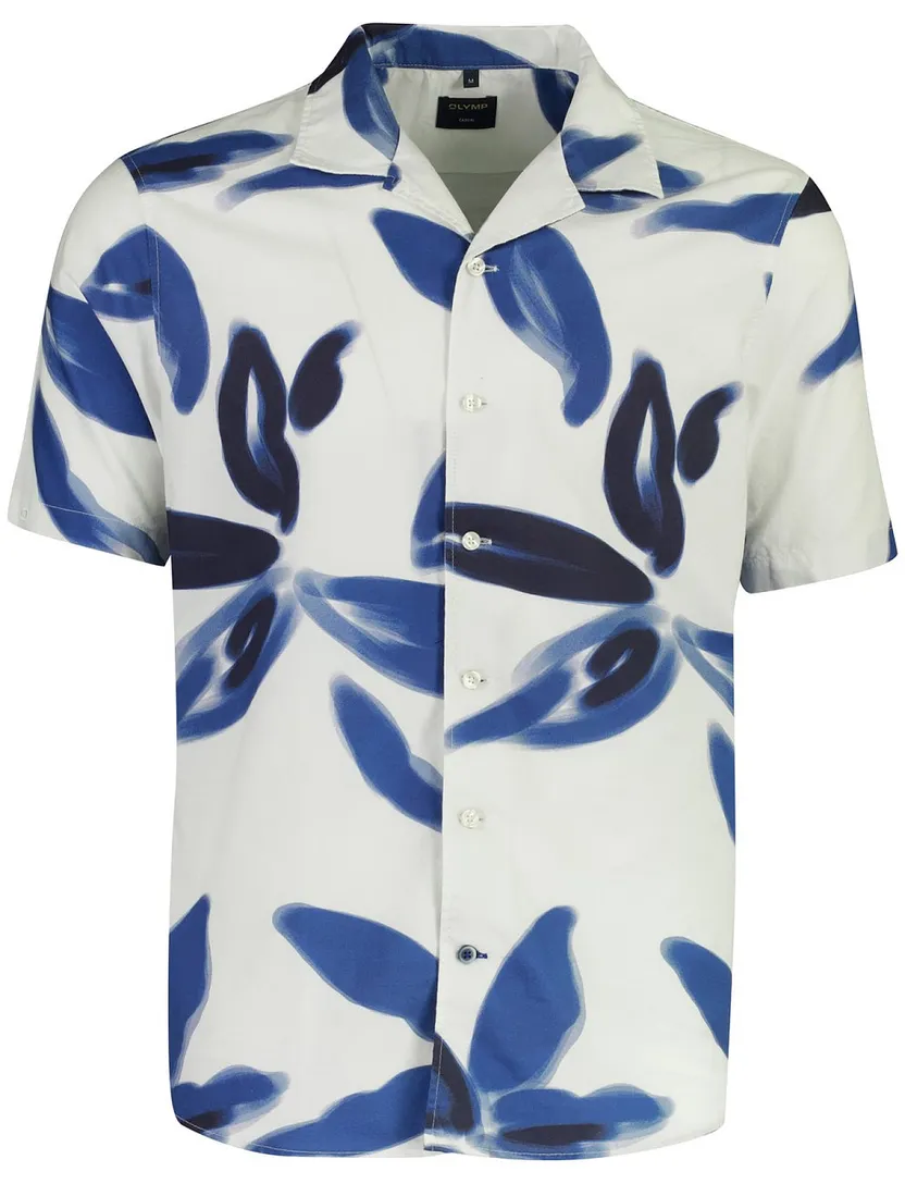 Olymp overhemd blauw grafisch geprint korte mouw