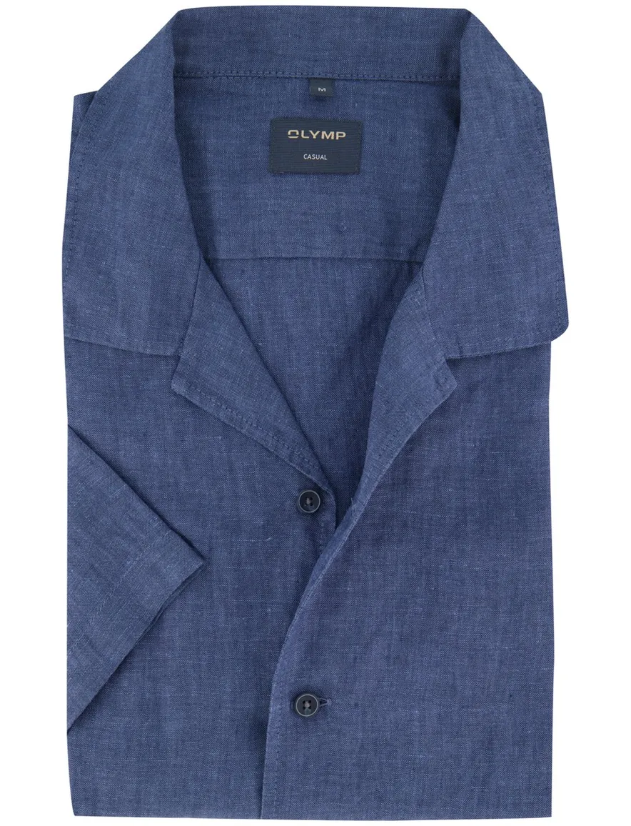 Blauw linnen overhemd Olymp gemeleerd korte mouw