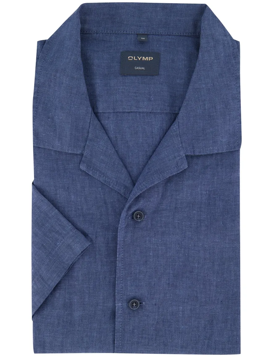 Blauw linnen overhemd Olymp gemeleerd korte mouw