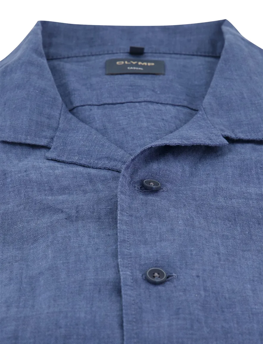 Blauw linnen overhemd Olymp gemeleerd korte mouw