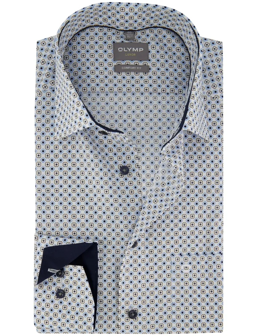Overhemd Olymp wijde fit blauw geprint semi-wide spread
