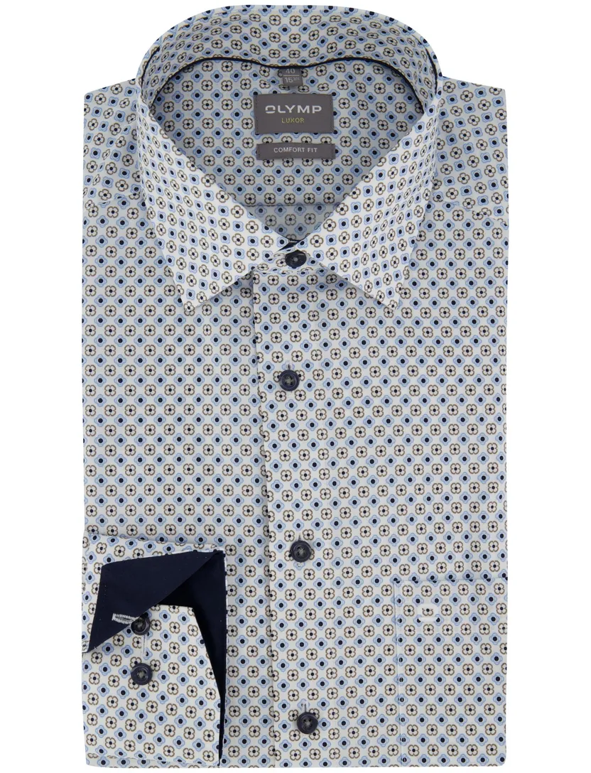 Overhemd Olymp wijde fit blauw geprint semi-wide spread