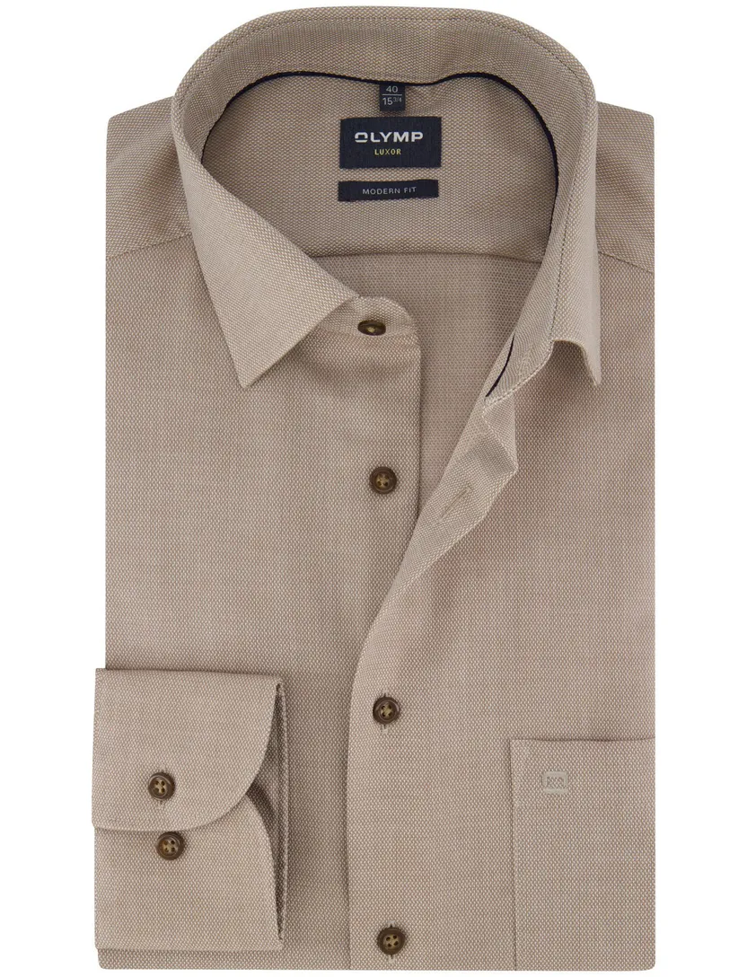 bruin overhemd Olymp semi-wide collar 100% katoen normale fit