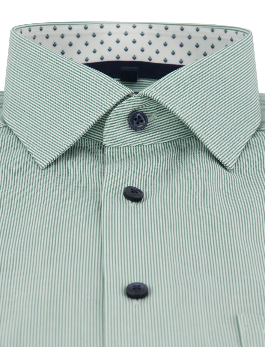 Overhemd korte mouw groen gestreept Olymp strijkvrij wide collar