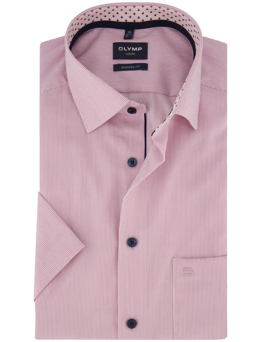 Modern fit Olymp roze gestreept korte mouw met borstzak