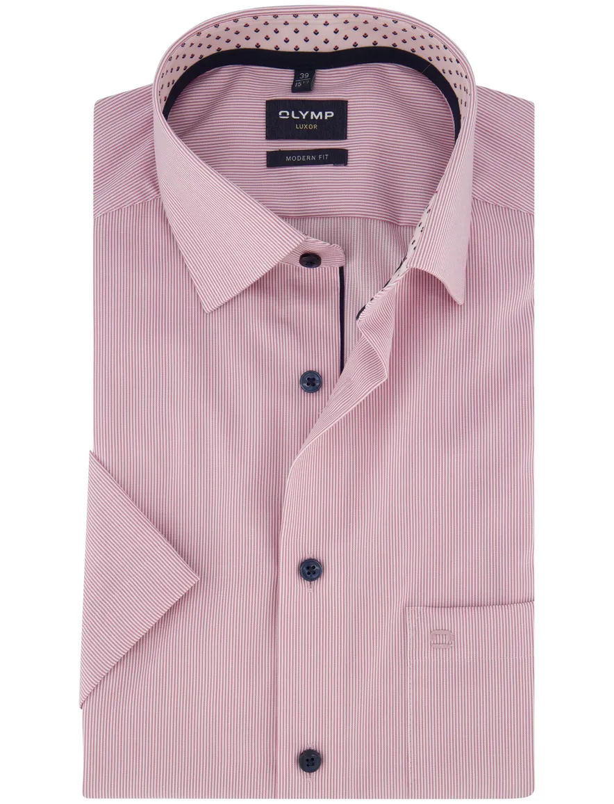 Overhemd korte mouw roze gestreept Olymp strijkvrij wide collar