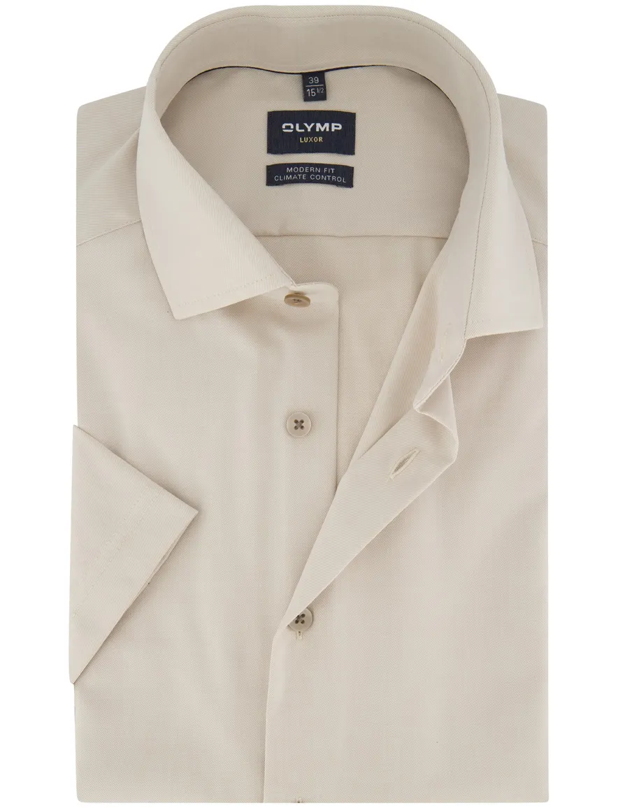 Overhemd korte mouw beige Olymp modern fit strijkvrij 100% katoen