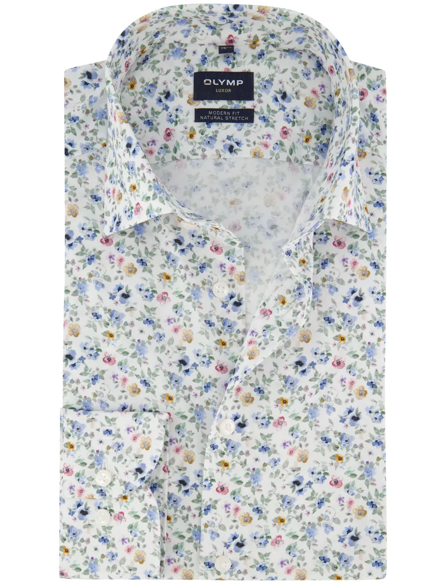 Olymp overhemd Modern Fit blauw print mouwlengte 7