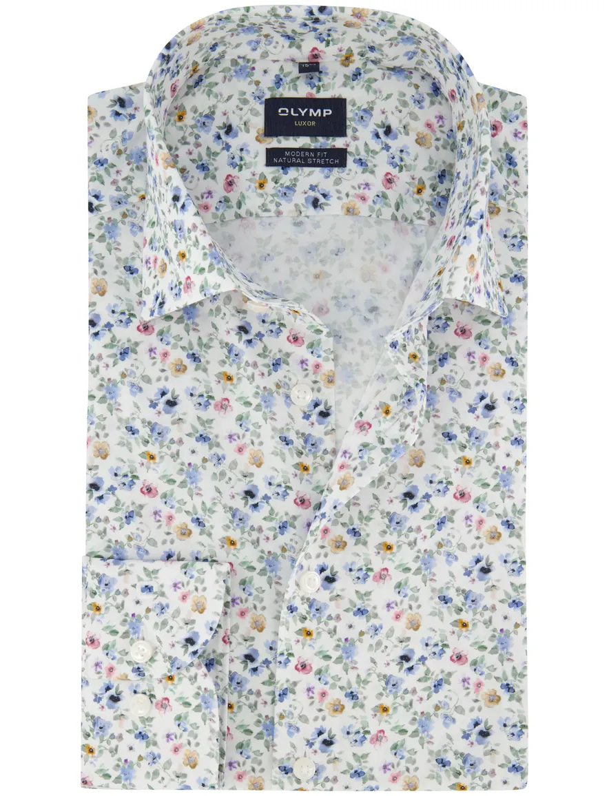 Olymp overhemd Modern Fit blauw print mouwlengte 7