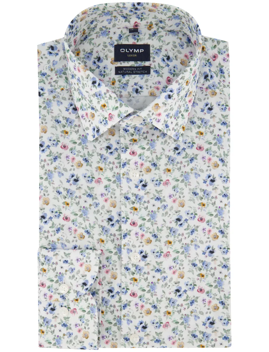 Olymp overhemd Modern Fit blauw print mouwlengte 7