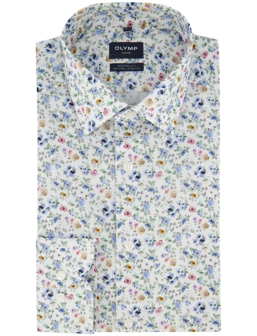 Olymp overhemd Modern Fit blauw print mouwlengte 7