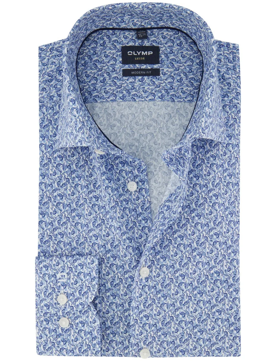 Olymp overhemd blauw geprint modern luxor fit