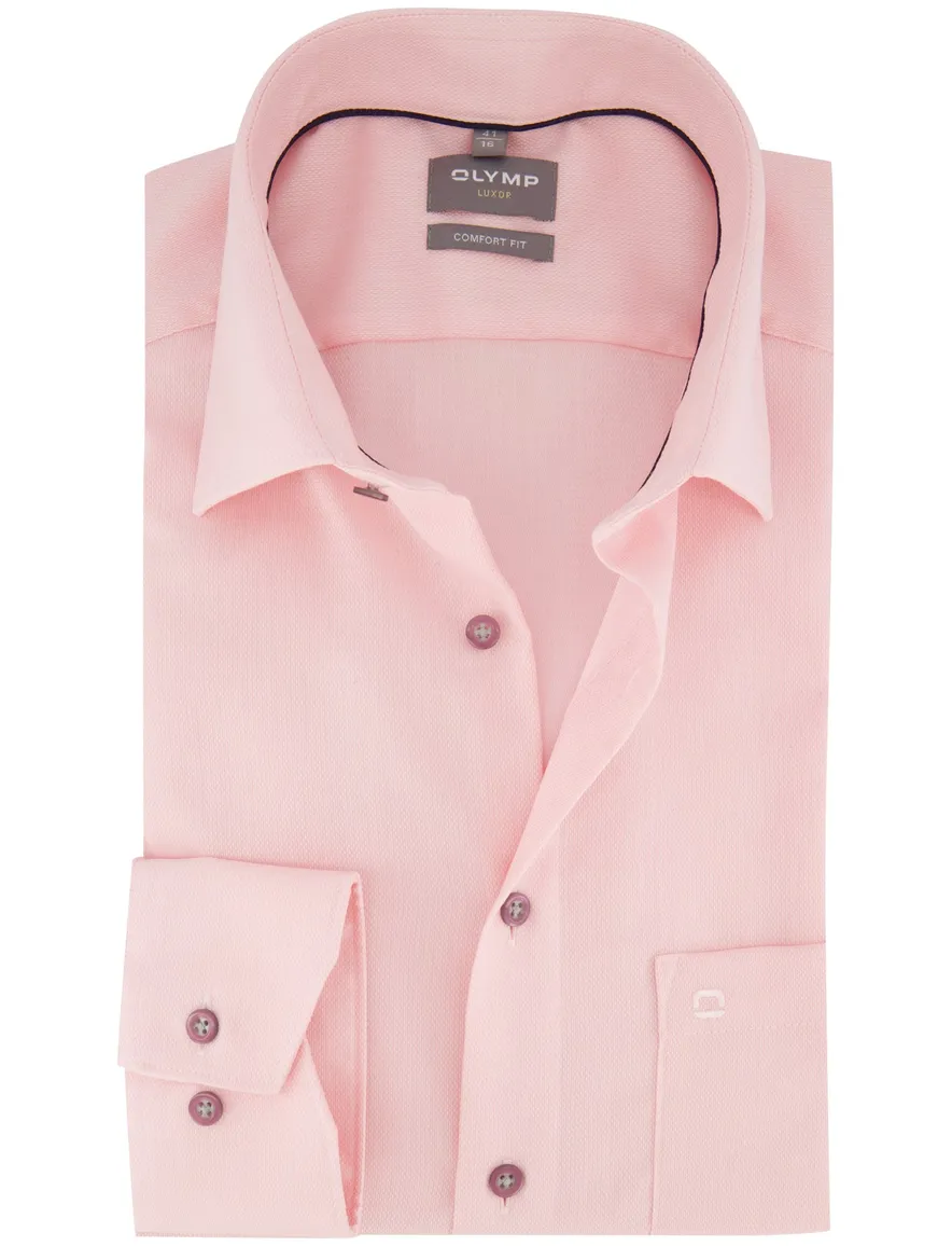 Olymp Luxor overhemd roze strijkvrij semi-wide spread boord