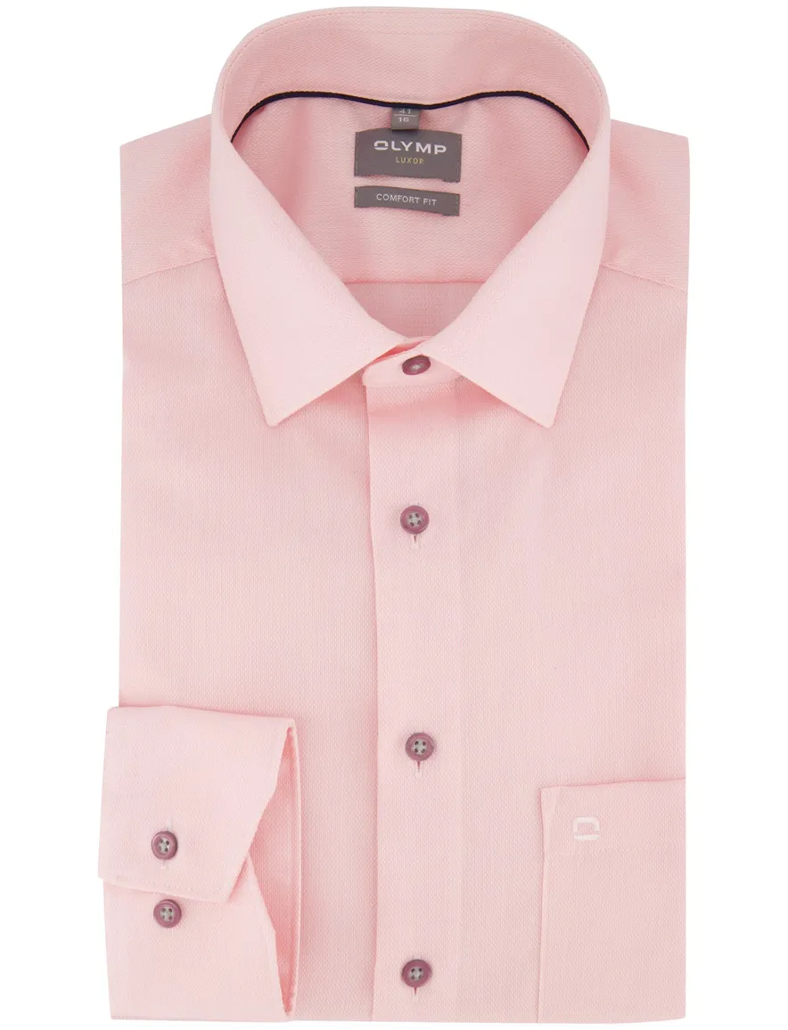 Olymp Luxor overhemd roze strijkvrij semi-wide spread boord
