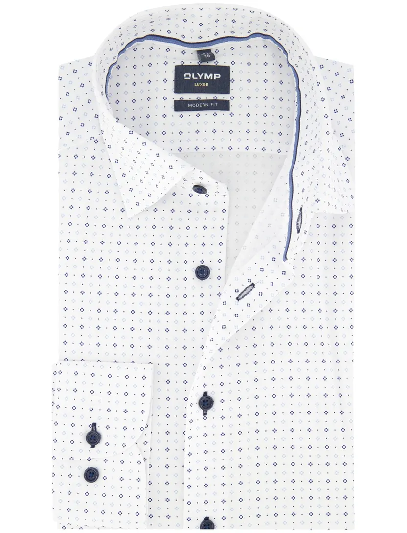 Wit OLYMP overhemd Modern Fit met blauwe print