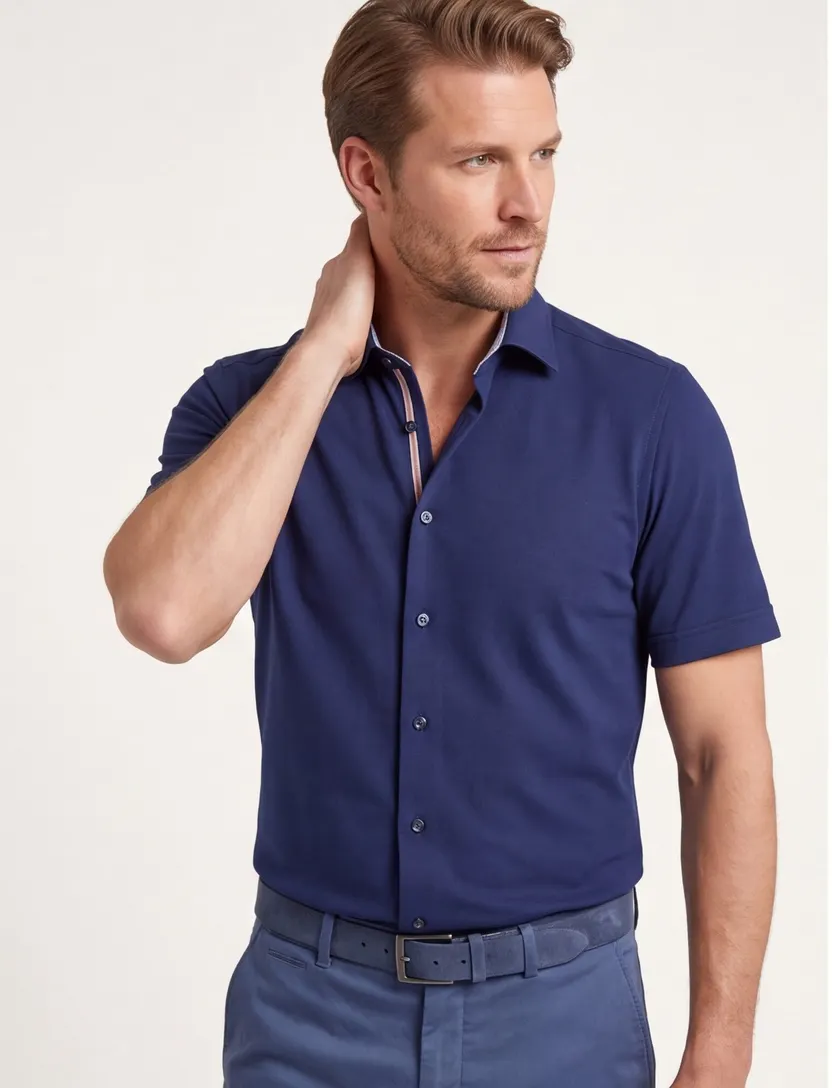 Donkerblauw overhemd OLYMP Modern Fit strijkvrij korte mouw