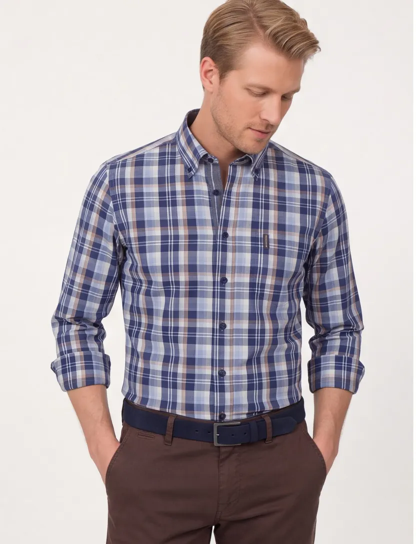 Casa Moda Casual fit 100% katoen Overhemd blauw geruit
