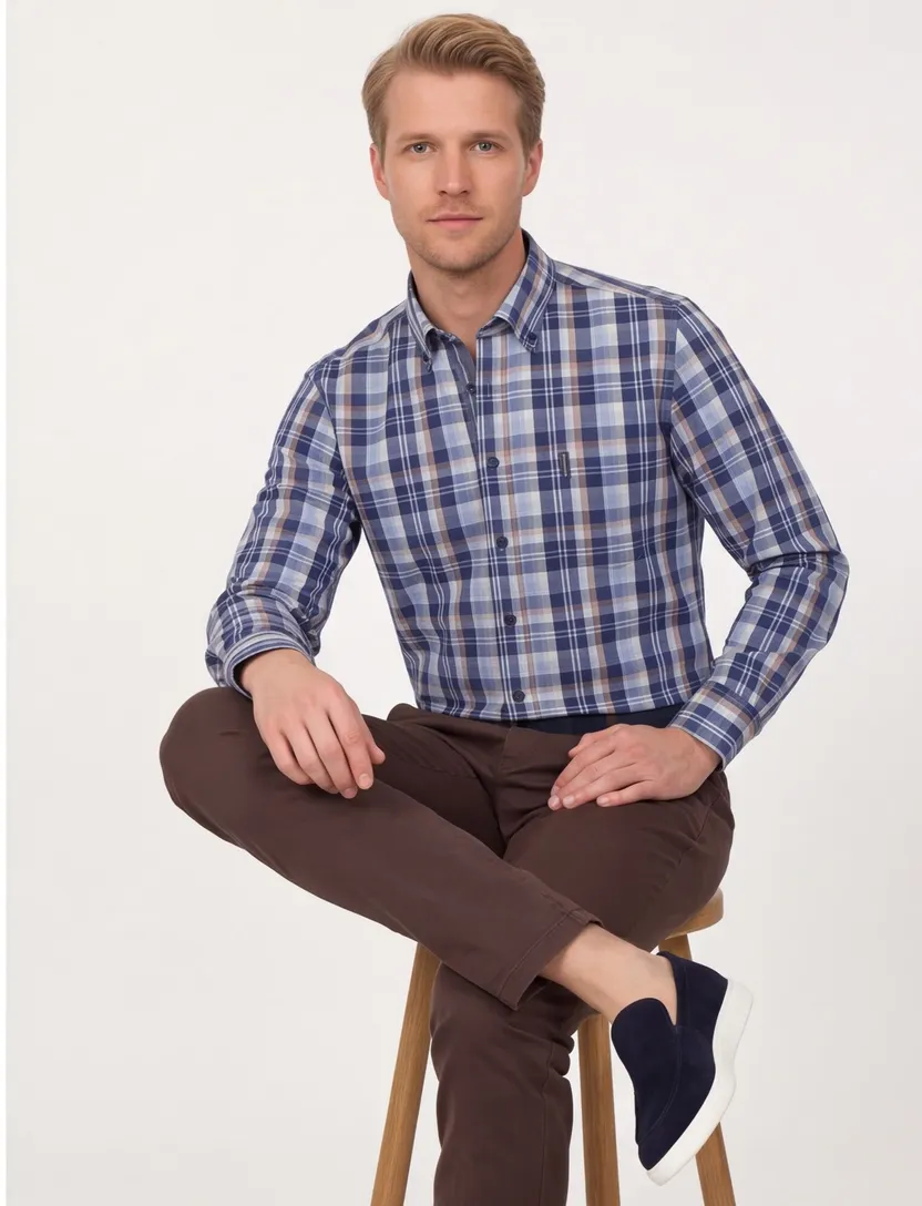 Casa Moda Casual fit 100% katoen Overhemd blauw geruit