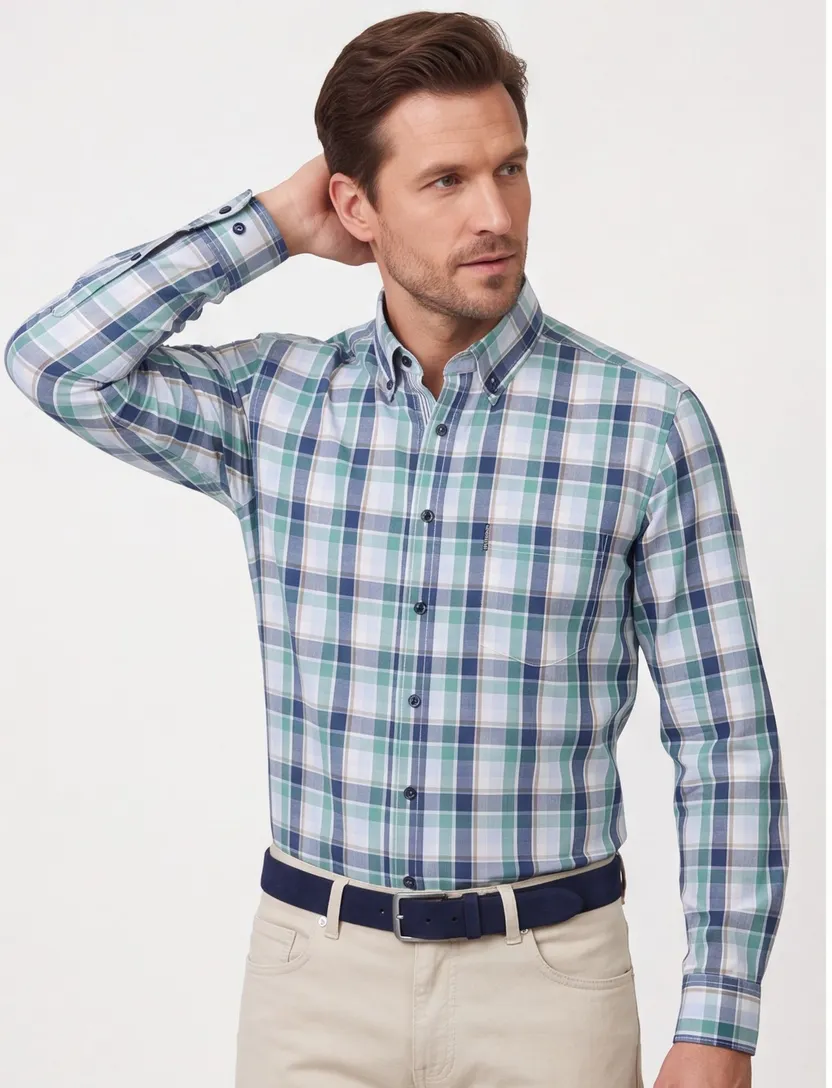 blauwe overhemd 100% katoen Casa Moda button-down collar