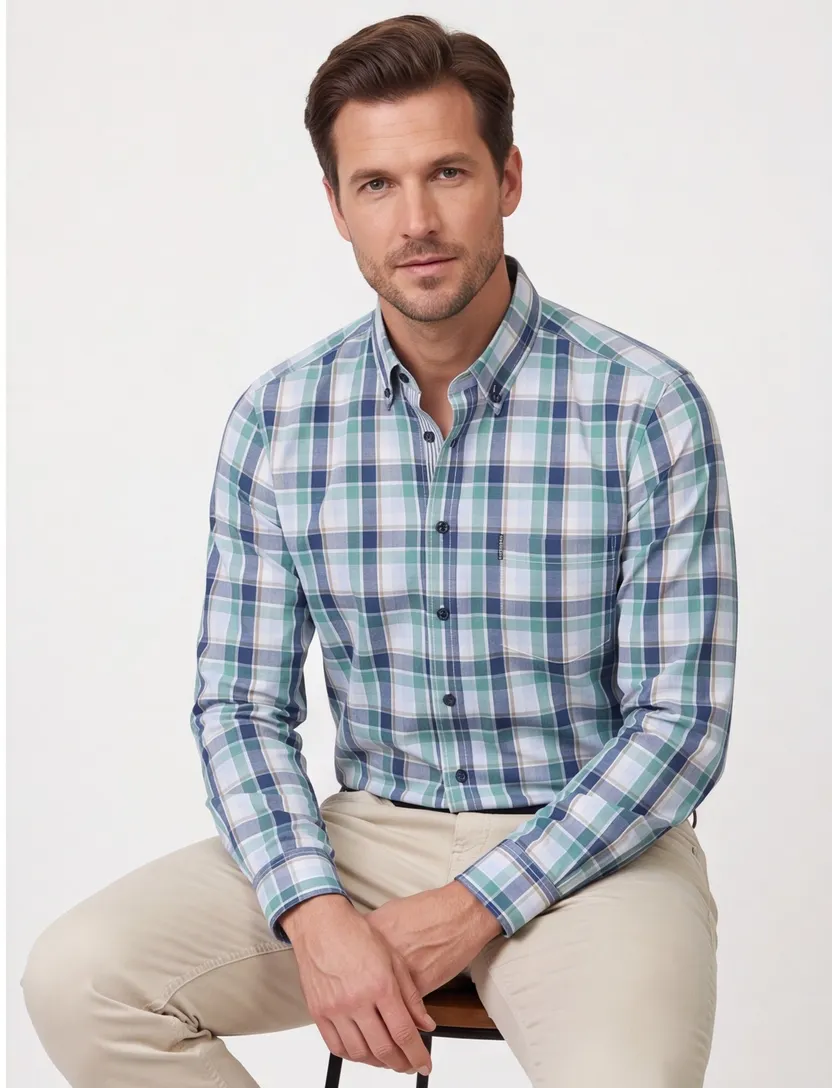 blauwe overhemd 100% katoen Casa Moda button-down collar
