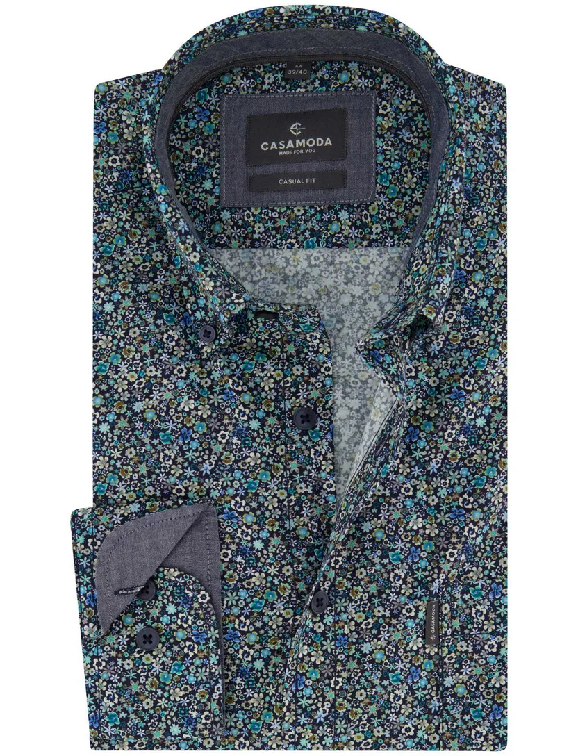 Overhemd Casa Moda blauw print bloementjes wijde fit