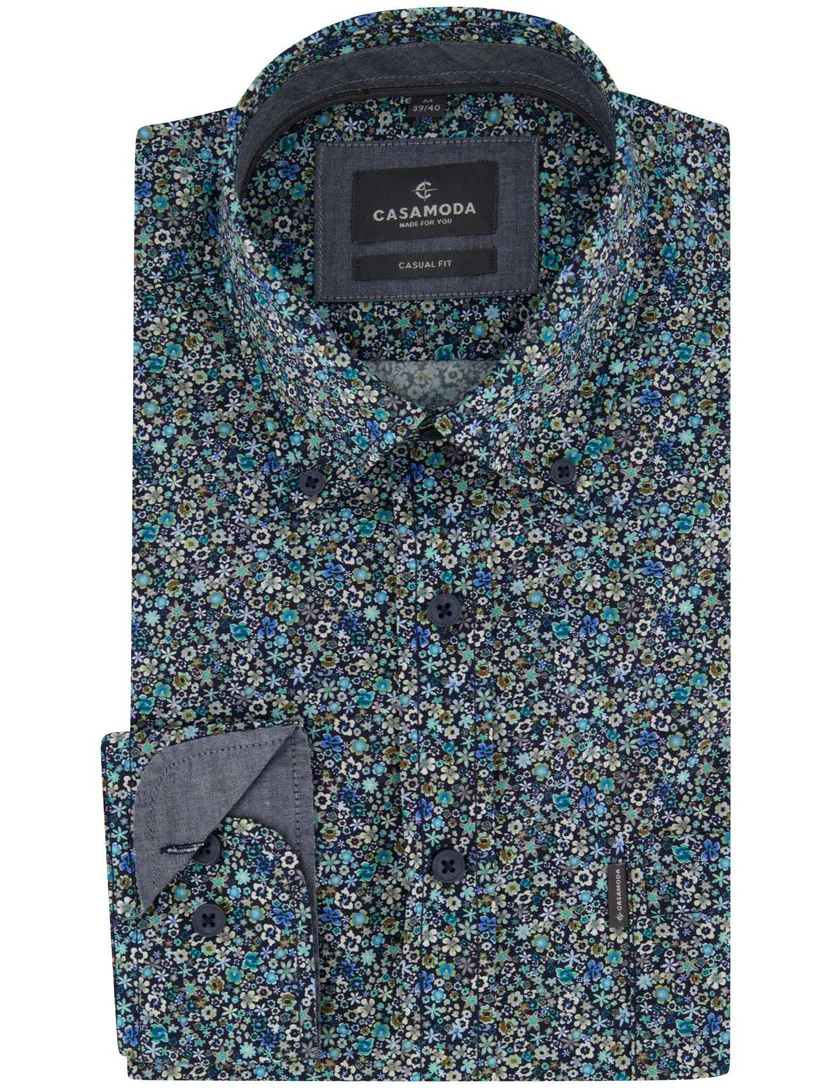 Overhemd Casa Moda blauw print bloementjes wijde fit