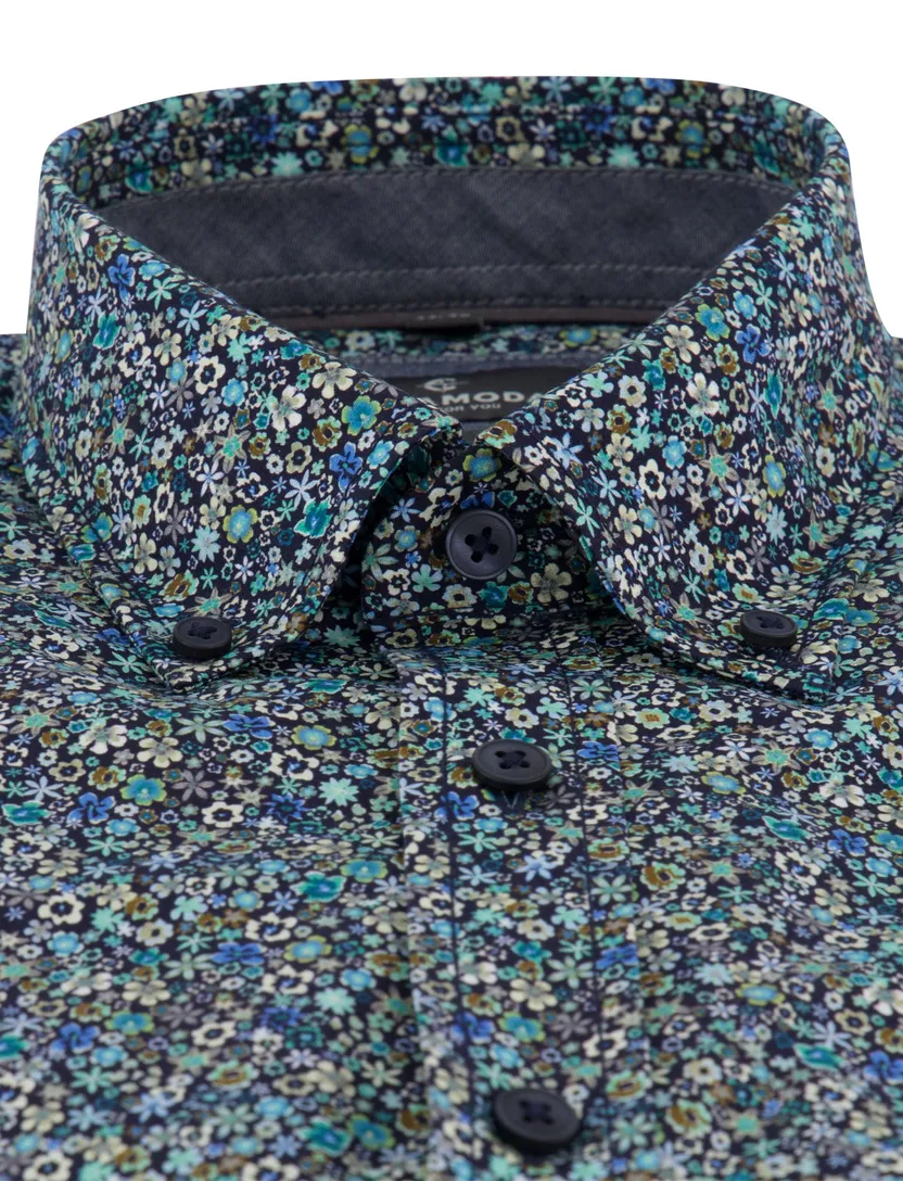 Overhemd Casa Moda blauw print bloementjes wijde fit