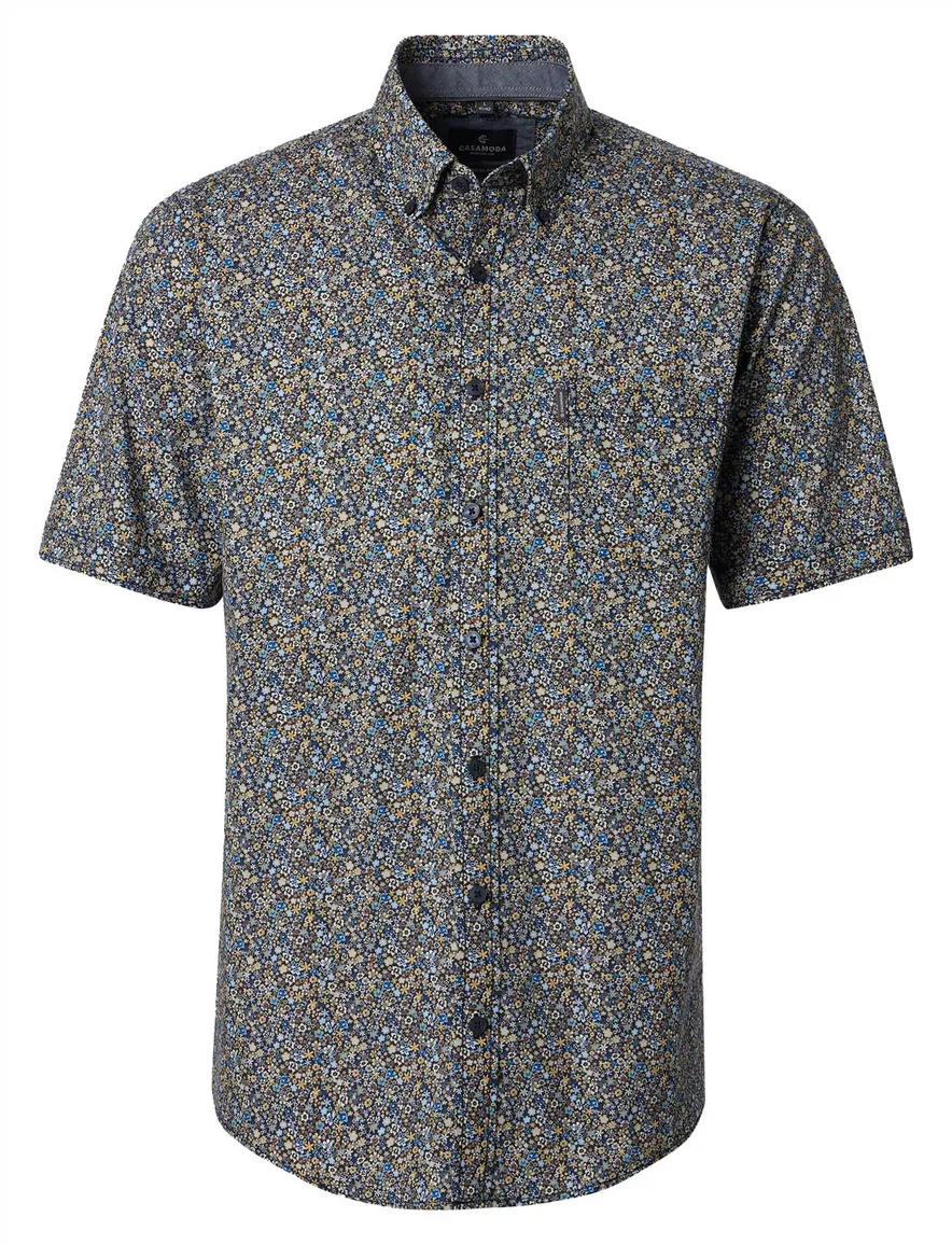 Overhemd blauw geprint bloemen Casa Moda button down