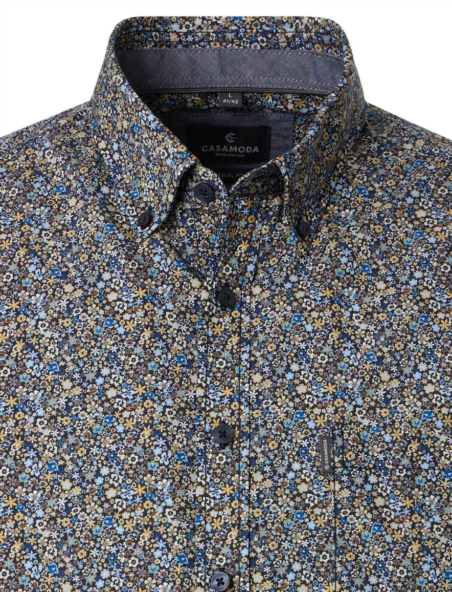 Overhemd blauw geprint bloemen Casa Moda button down