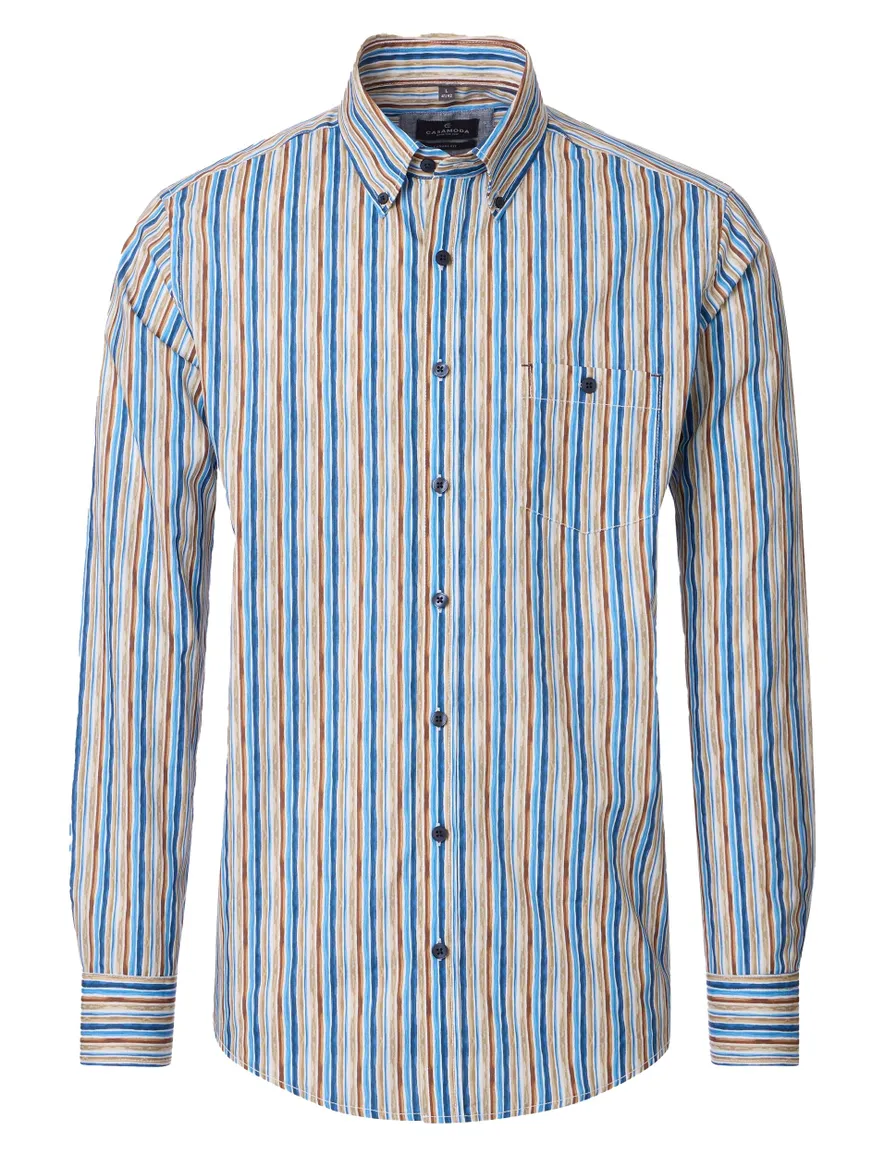 Overhemd Casa Moda Casual Fit beige blauw geprint mouwlengte 7