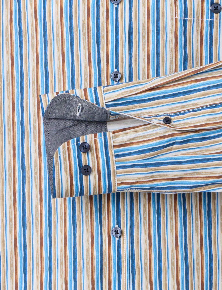 Overhemd Casa Moda Casual Fit beige blauw geprint mouwlengte 7