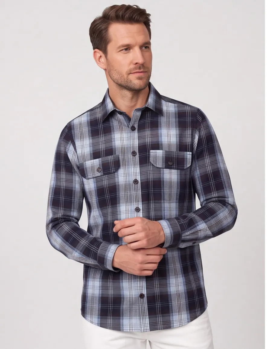 Overshirt donkerblauw geruit Casa Moda knopen met klepzak