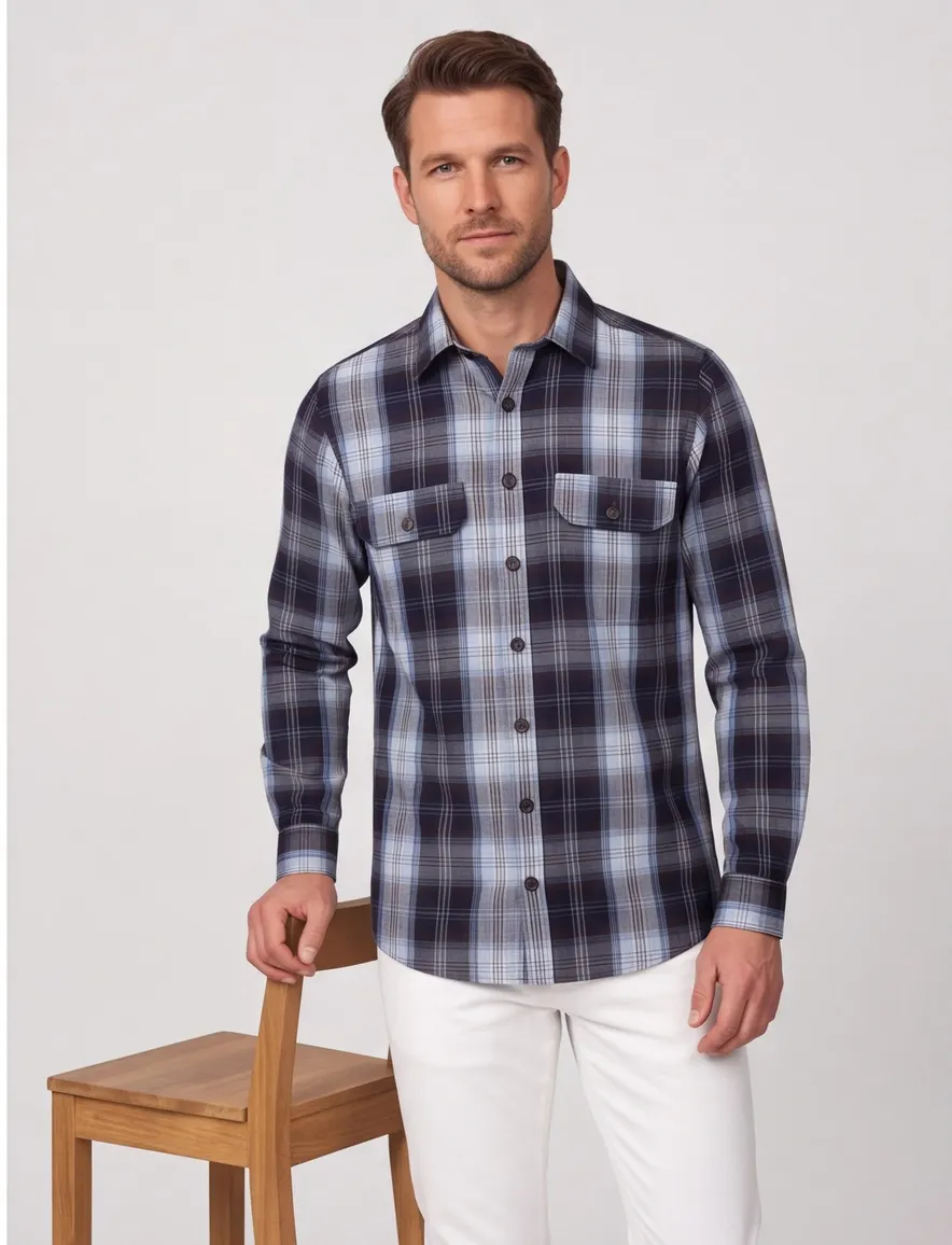 Overshirt donkerblauw geruit Casa Moda knopen met klepzak